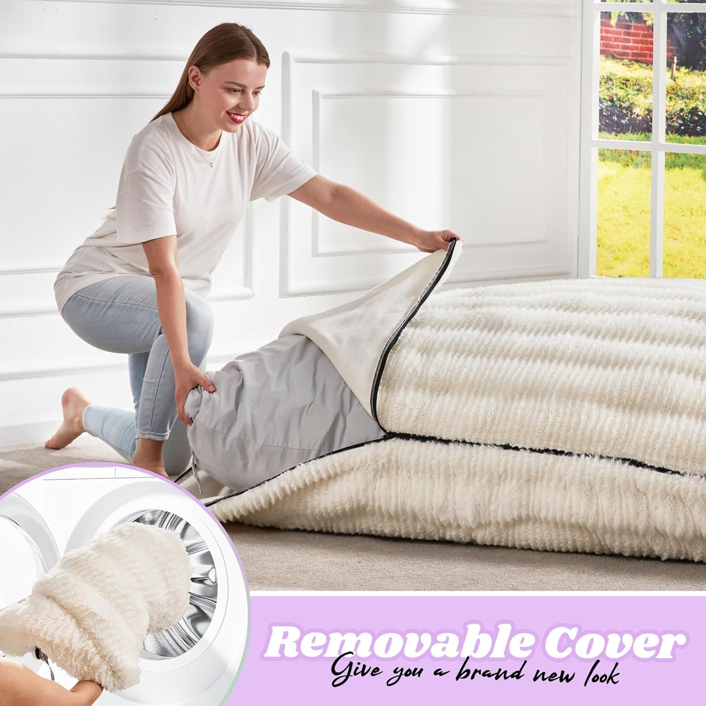 Hobestluk 3 in 1 Bean Bag Chair Giant Bean Bag Chairs for Adults with Ripple Cover Convertible Bean Bag Floor Cushion with Machine Washable Cover for Living Room (Ripple White)