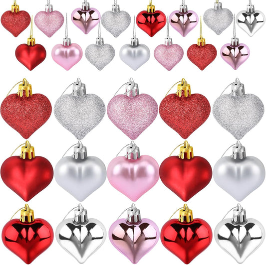 JULMELON 24Pcs Valentine's Day Heart Shaped Ornaments Romantic Valentines Heart Hanging Tree Ornaments Decorations for Home Valentine Tree Wedding Party (Red, Pink,Rose Gold and Silver)