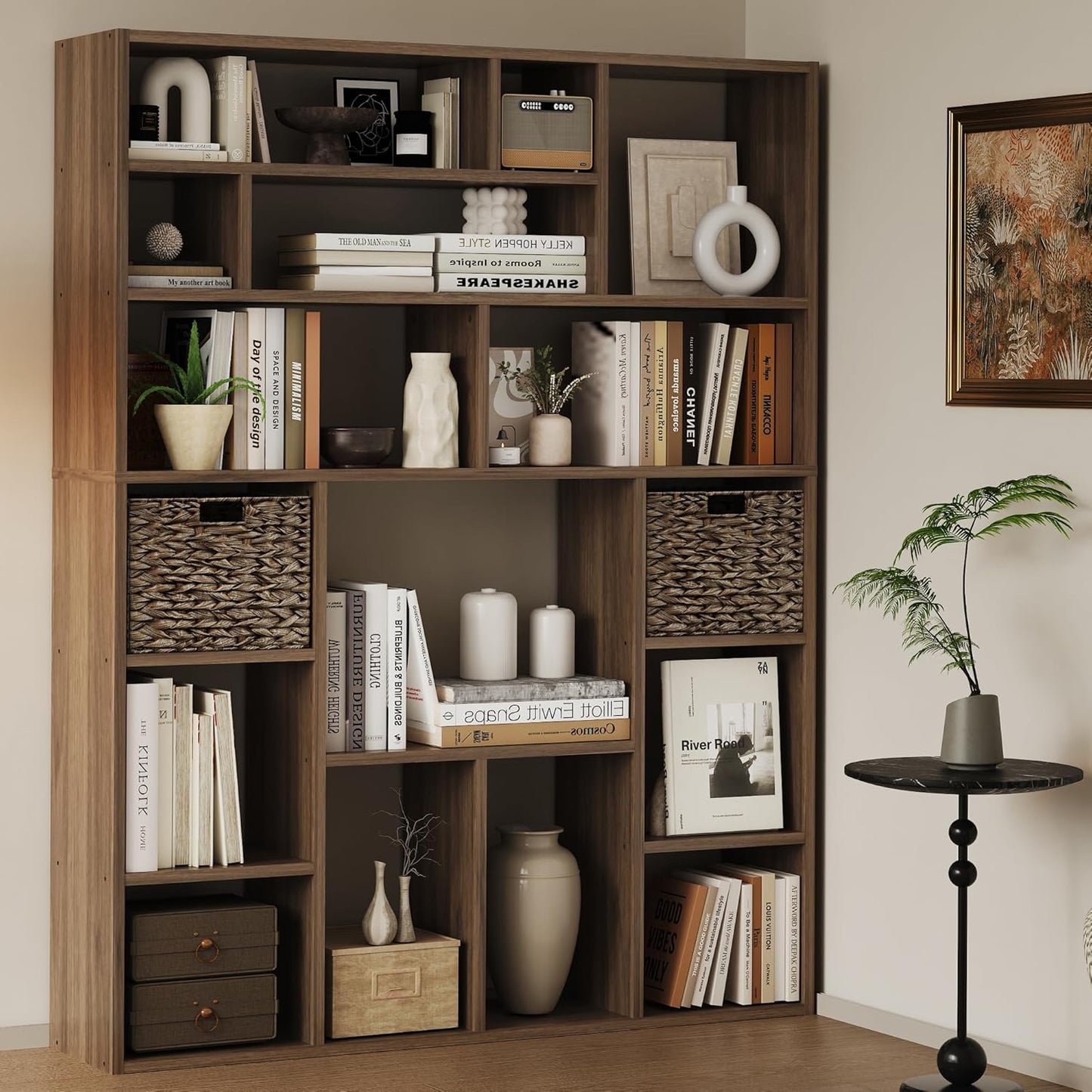 71” Tall Wooden Bookcase 6-Tier Large Bookshelves with 2 Woven Baskets, 55" Wide Floor Standing Wood Display Organizer Shelves for Living Room（Brown）