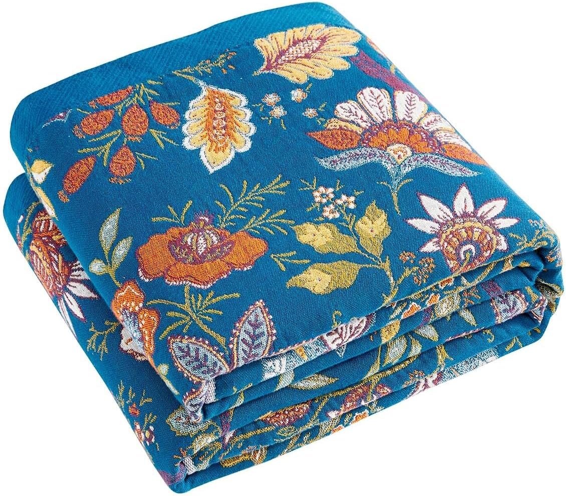 Fall Throw Blanket for Couch, Blue Boho Decorative Throw Blanket, 100% Cotton Muslin Breathable Woven Farmhouse Blankets Quilt, 50"x60" Reversible Lightweight Blankets Bohemian Throw Quilt