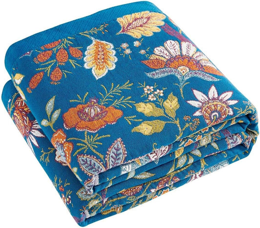 Fall Throw Blanket for Couch, Blue Boho Decorative Throw Blanket, 100% Cotton Muslin Breathable Woven Farmhouse Blankets Quilt, 80"x90" Reversible Lightweight Blankets Bohemian Throw Quilt