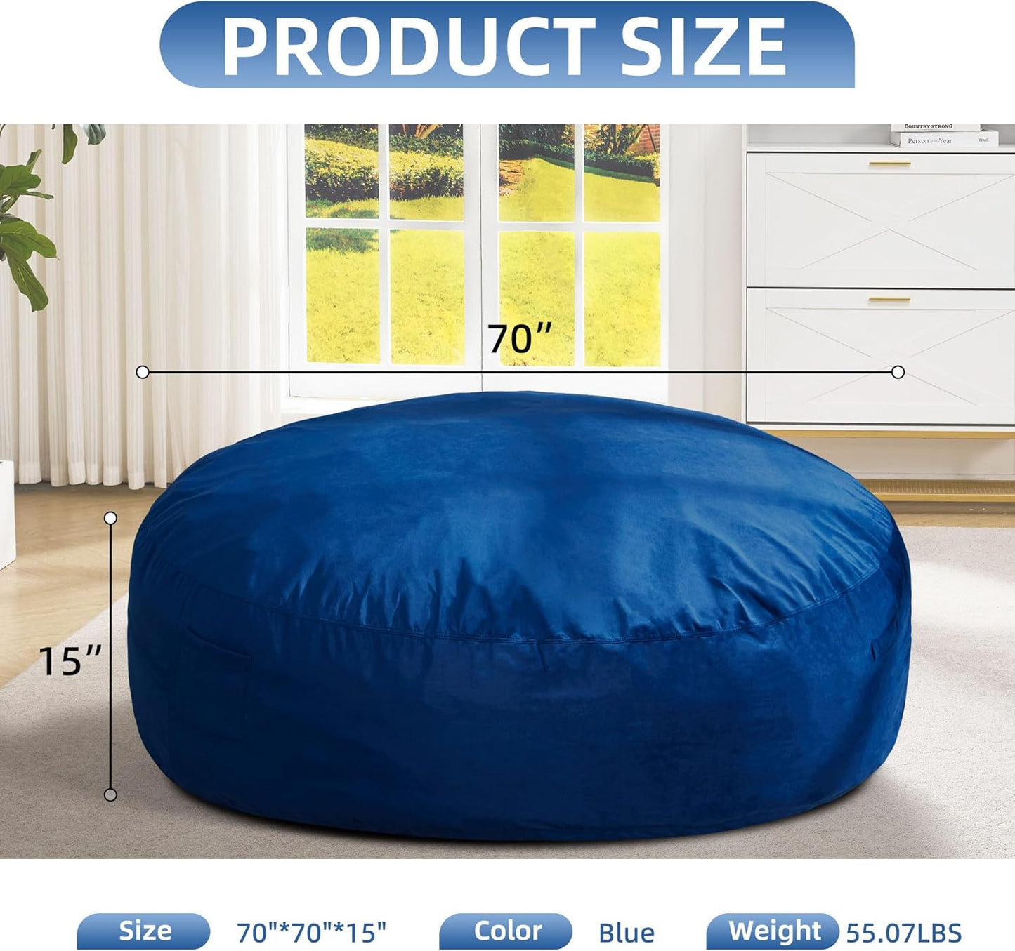 Hobestluk 6FT Bean Bag Chair Bean Bag Chairs for Adults Giant Bean Chairs with Velvet Cover, Memory Foam BeanBag Chair Fluffy BeanBag Chairs for Living Room, Bedroom- Blue (70" x 70" x 15")