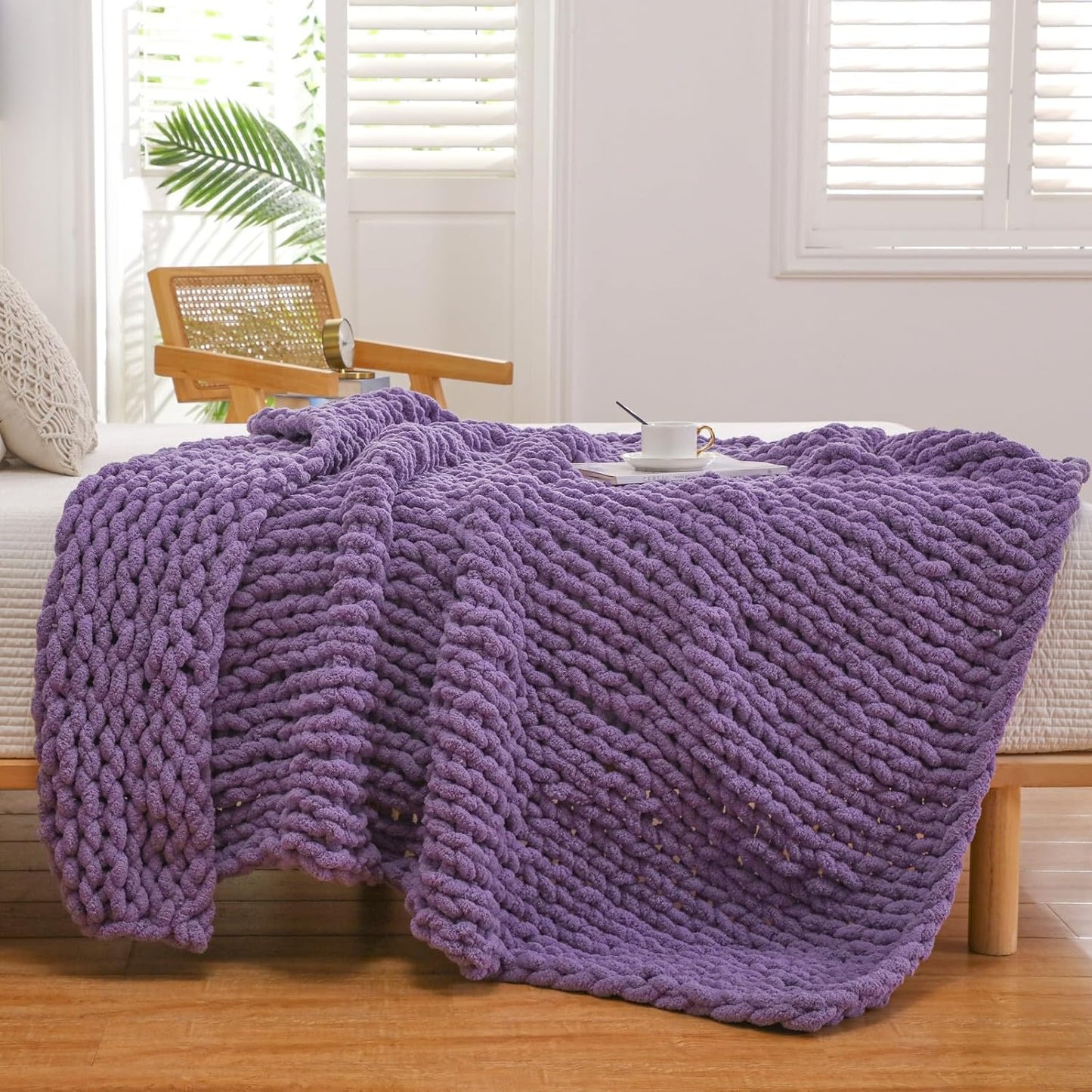 WESHIONGOO Chunky Knit Blanket Throw Knitted Throw Blankets for Couch Bed Fluffy Soft Blanket with Jumbo Chenille Yarn Thick 100% Handmade (Purple, 50"×60")