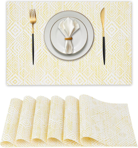 Vinyl Plastic Placemats Set of 6 Washable Heat Resistant Non-Slip Elegant Indoor Outdoor Kitchen Dining PVC Woven Table Place Mats (Yellow Squares)