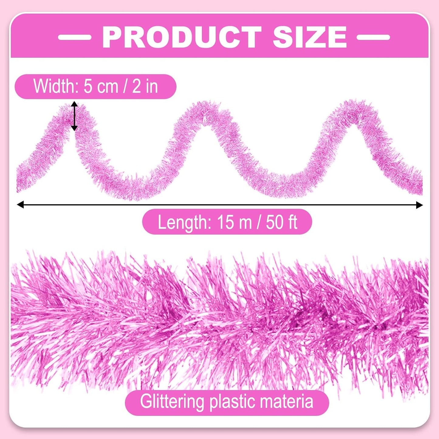 Macaron Pink Metallic Twist Tinsel Garland - 50ft x 2in Wall Hanging Backdrop for Christmas Eve, New Year & Valentine's Day Parties