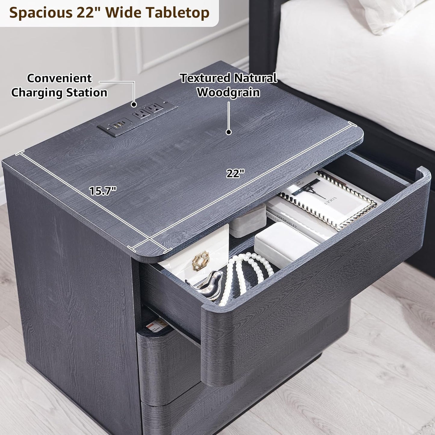 JXQTLINGMU 22" Modern Nightstand Set of 2 with Charging Station, Large Push-to-Open End Table, Wood Bedside Table, Curved Profile, Handleless 3 Drawer Night Stand for Bedroom, Living Room, Black