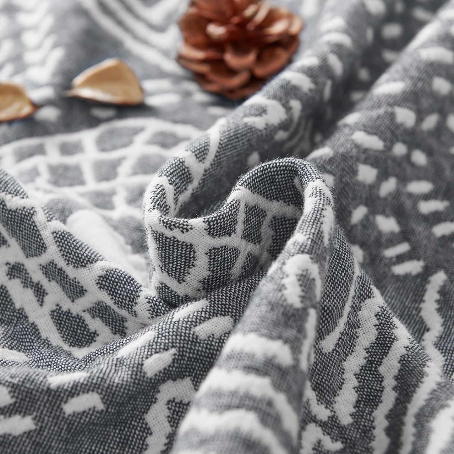 jinchan Boho 100% Cotton Muslin 50x60 Throw Blanket Lightweight 3 Layer Grey Blanket Washable Reversible Breathable Decorative Geometric Striped Patterned Gray Soft Cozy for Sofa Bed All Season Gift