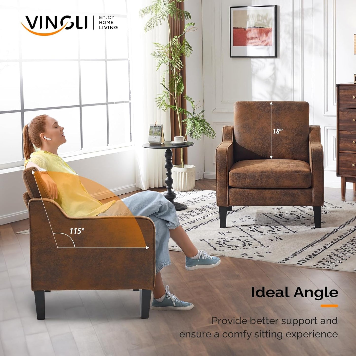 VINGLI Accent Chairs Set of 2 Living Room Chairs Rustic Reading Chair for Bedroom Scooped Arm Chair Mid Century Modern Accent Chairs Upholstered Comfy Chair for Apartment, Waiting Room