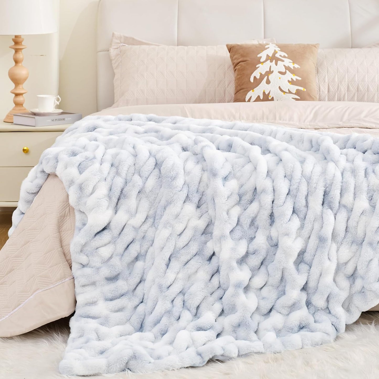 Touchat Ruched Faux Rabbit Fur Blanket, 700 GSM Luxury Dual-Sided Soft Cozy Blanket, Fuzzy Fluffy Plush Throw for Bed, Couch and Sofa - 60"x80", Tie-dye Blue