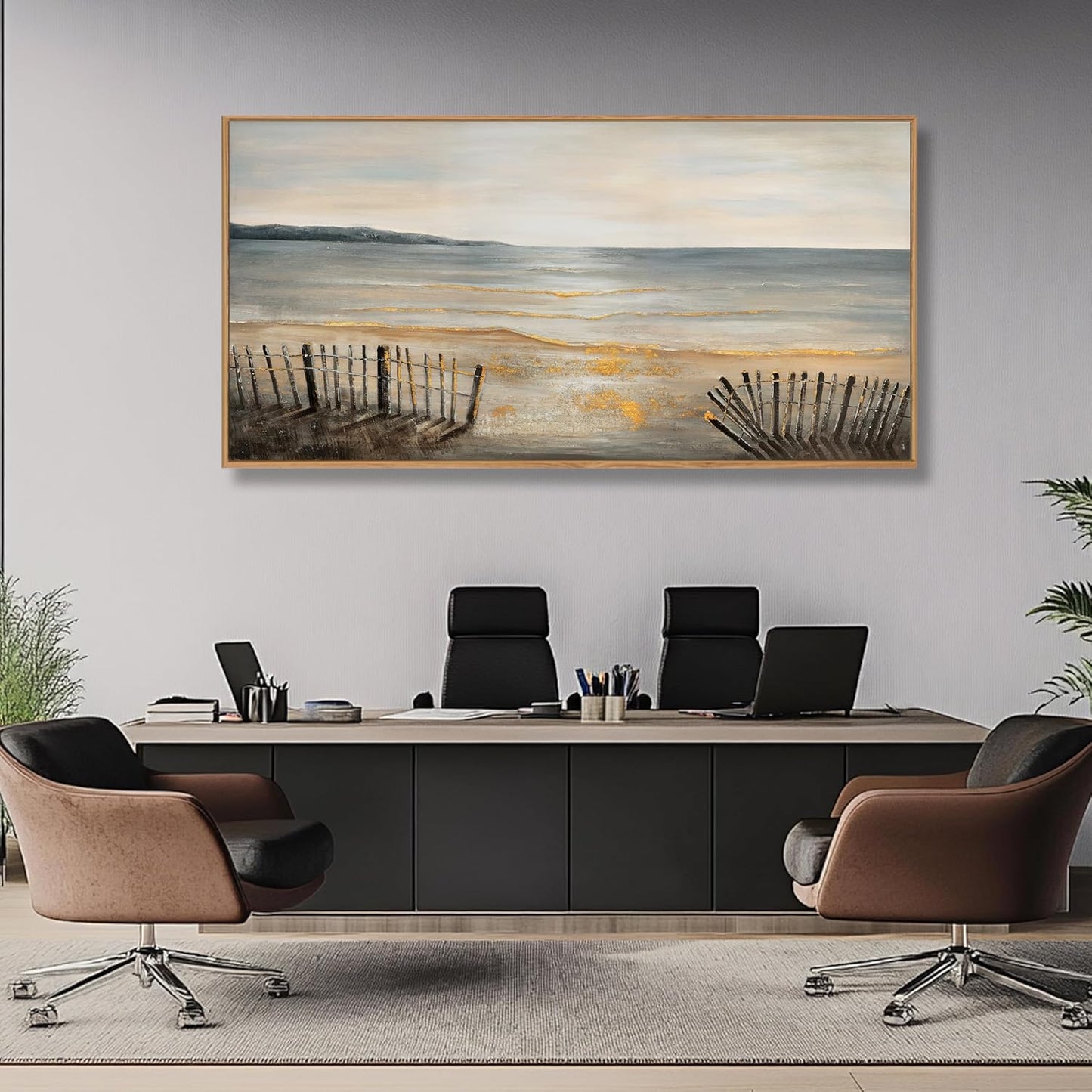 Yuaxker Ocean Wall Art Grey and Black Wall Decor Framed Canvas Painting Beach Aesthetic Artwork for Living Room Bedroom Dining Room Office Home Decor 24x48 Inch