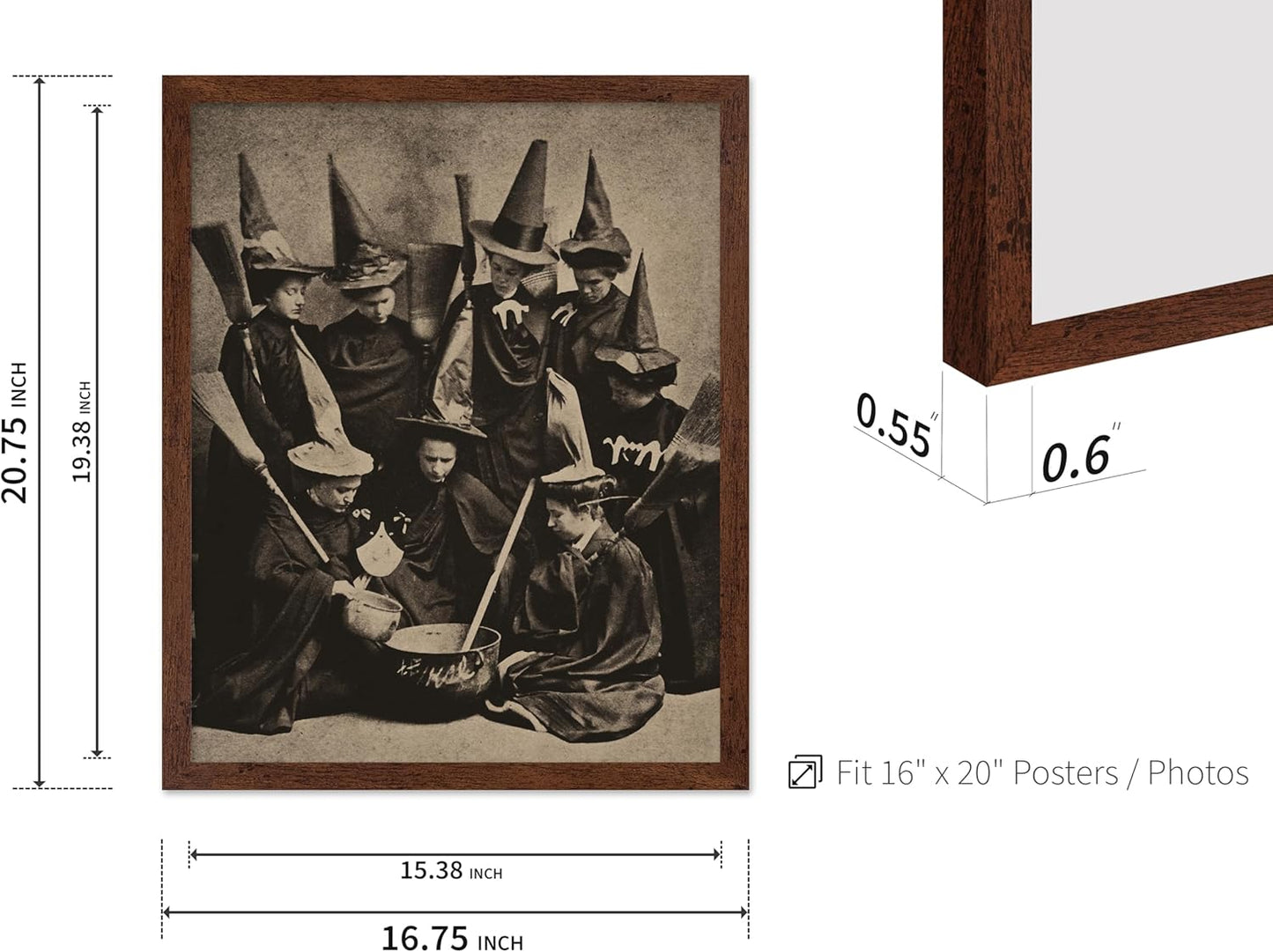 Poster Master Vintage Photograph Poster - Retro Halloween Print - Gift for Artist, Friend - Witches Cooking, Pointy Hats, Broomsticks, Black Magic - Wall Decor for Bedroom, 16x20 Brown Framed