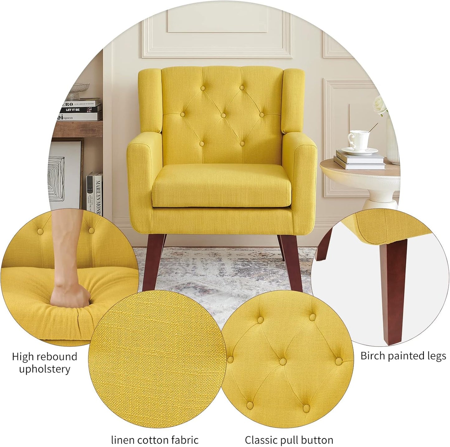 Accent Chair Button-Tufted Upholstered Living Room Chairs Comfy Reading Chair Mid Century Modern Chair with Linen Fabric Lounge Arm Chairs for Living Room Bedroom (Yellow)