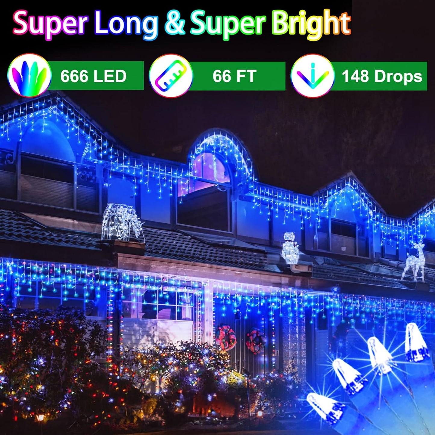 66FT 666 LED Outdoor Christmas Lights - 148 Ice Drops, 12 Pro Modes with Timer Memory & Brightness, Waterproof Hanging Ice String Light for Holiday Wedding Garden Fence House Decor (Blue)