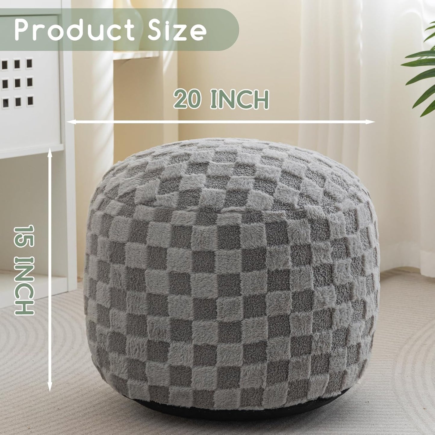 HIGOGOGO Round Stuffed Pouf Ottoman, Plaid Poufs with Foam Chunk Filling, Fluffy and Furry Pouf Foot Stool Storage Ottoman, 20 X 15 Floor Poufs Foot Rest for Living Room, Grey