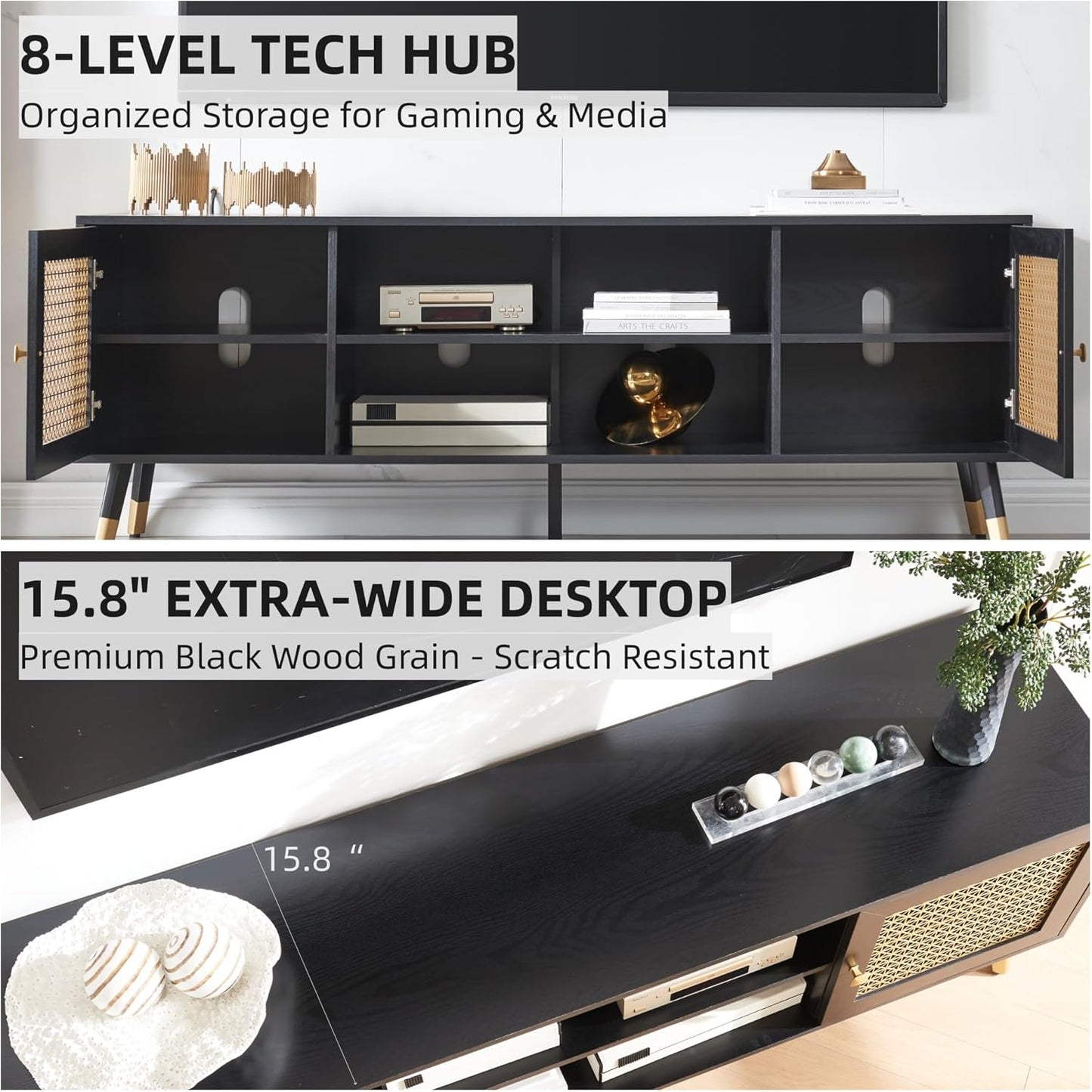 JYED Mid Century Modern TV Stand and Console for TVs Up to 75" - Black Entertainment Center, 2 Gold Metal Mesh Doors & MDF Wood Grain, 15.8" D x 66" W x 23.5" H