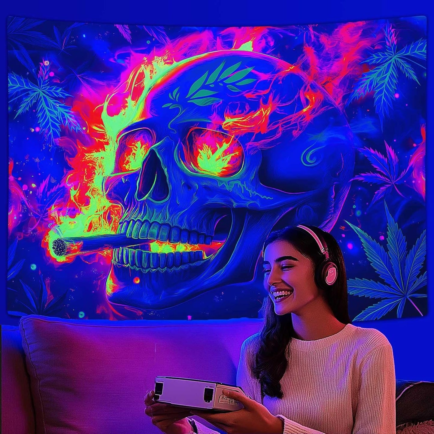 Blacklight Skeleton Tapestry, Glowing Skull UV Reactive Gothic Wall Hanging Tapestries, Glow in the Dark Grim Reaper Magic Horror Face Halloween Poster Tapestry for Bedroom Living Room Decor 60X40IN