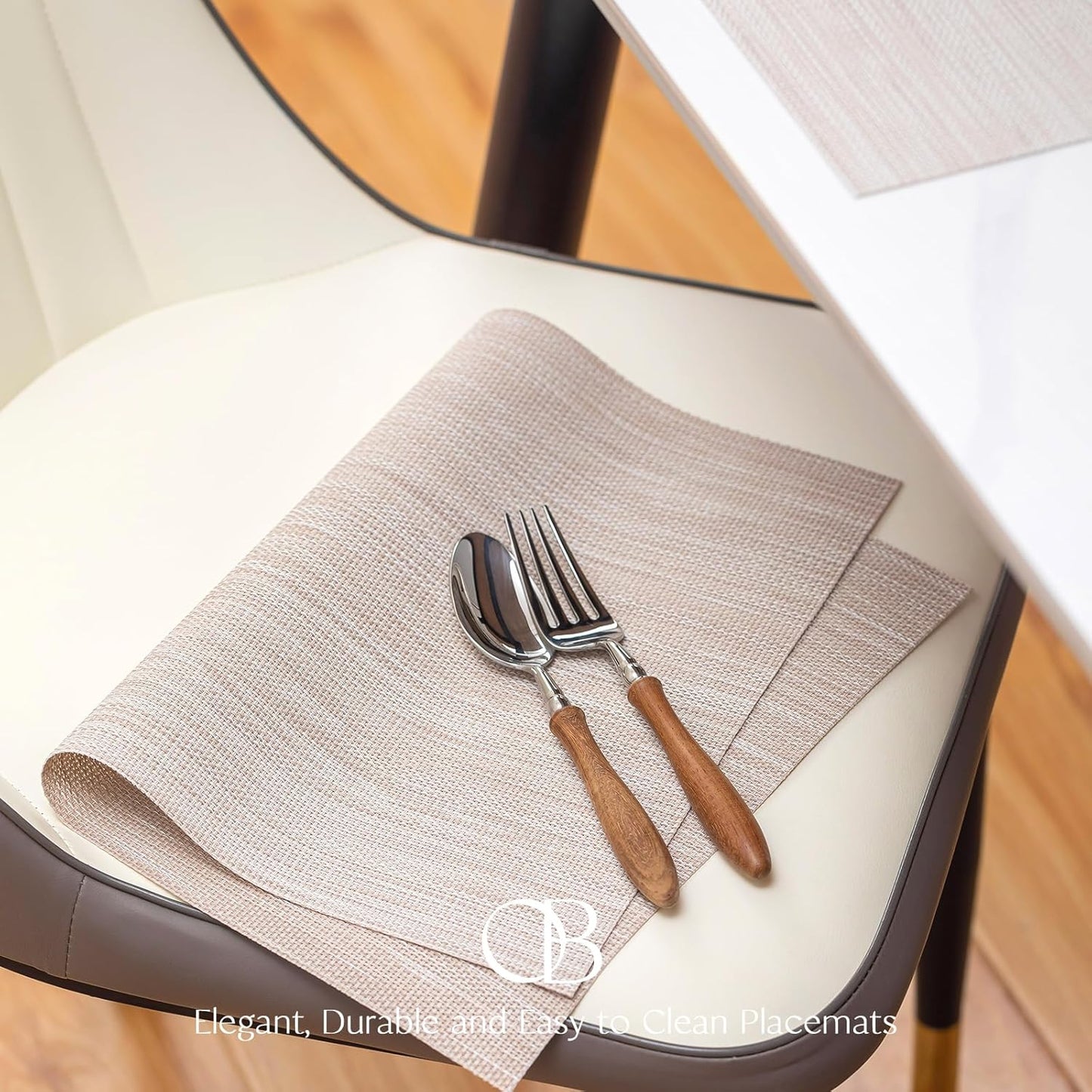 Placemats Set of 8 - Easy Clean Woven Vinyl Placemats for Dining Table, Indoor/Outdoor Place Mats, Washable PVC Table Mats（Beige）