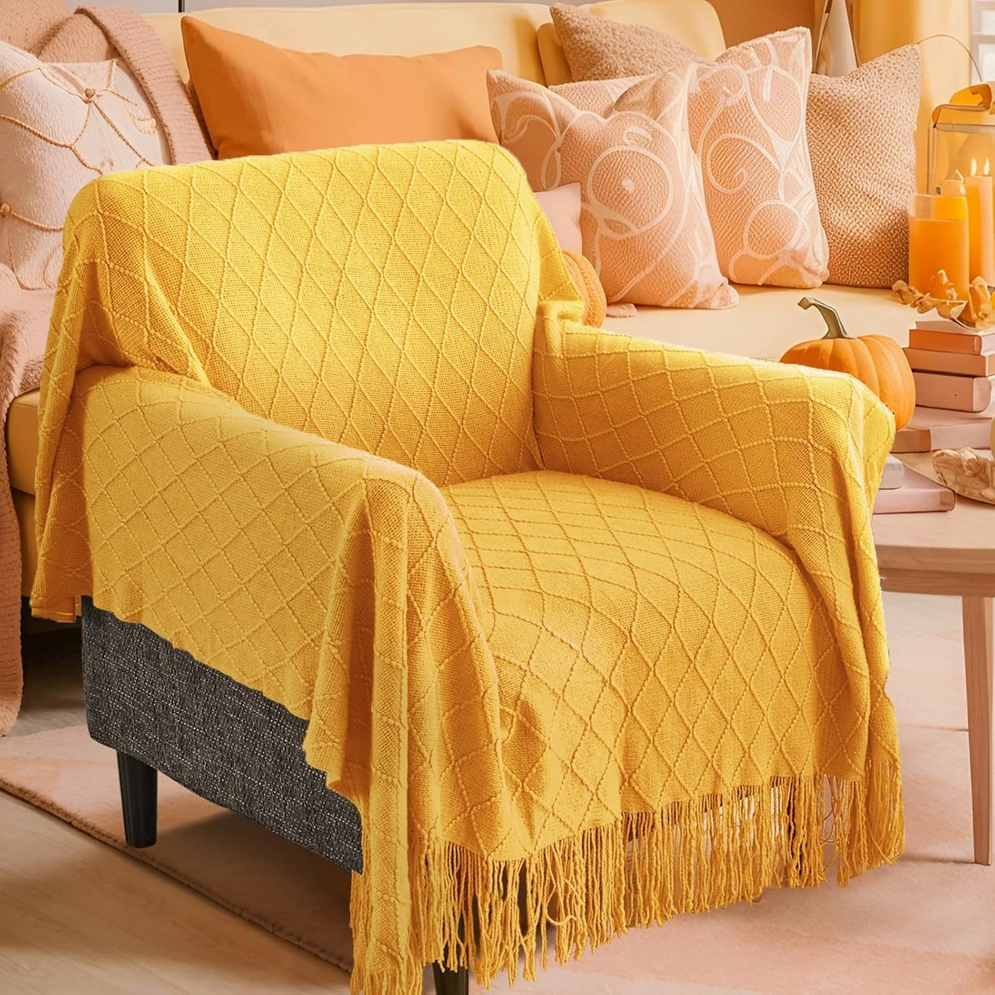 inhand Knitted Fall Throw Blanket for Couch and Bed, Knit Fall Decor Halloween Blanket with Tassel, Mustard Yellow Lightweight Decorative Farmhouse Warm Woven Blankets and Throws for Women, 60"x80"