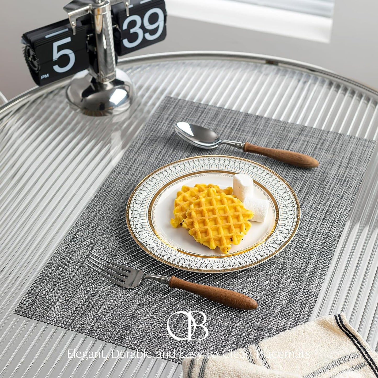 Placemats Set of 8 - Easy Clean Woven Vinyl Placemats for Dining Table, Indoor/Outdoor Place Mats, Washable PVC Table Mats（Dark Gray）
