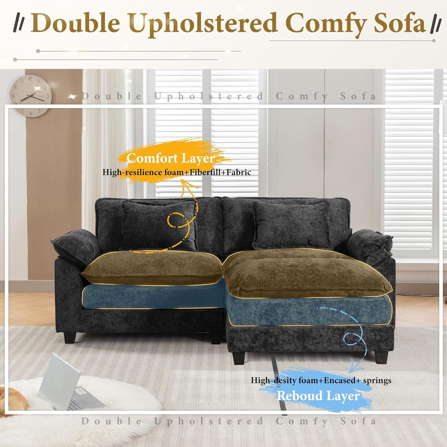 URRED Modular Sectional Sofa Comfy Cloud Couch, Modern Chenille Sofa Sleeper Deep Seat Couches with Ottoman/Pillows for Living Room (Black, 82.6''- L Shape)