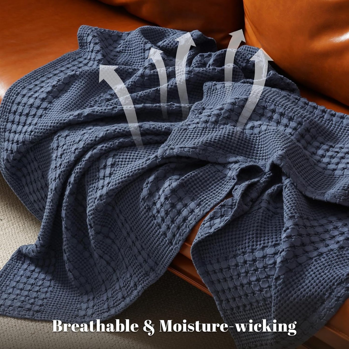 PHF 100% Cotton Waffle Weave Blanket Twin Size, Soft Lightweight Breathable Cozy Summer Blankets for Bed, Luxury Aesthetic Woven Bedding for Home Decor, 66"x90", Dark Navy