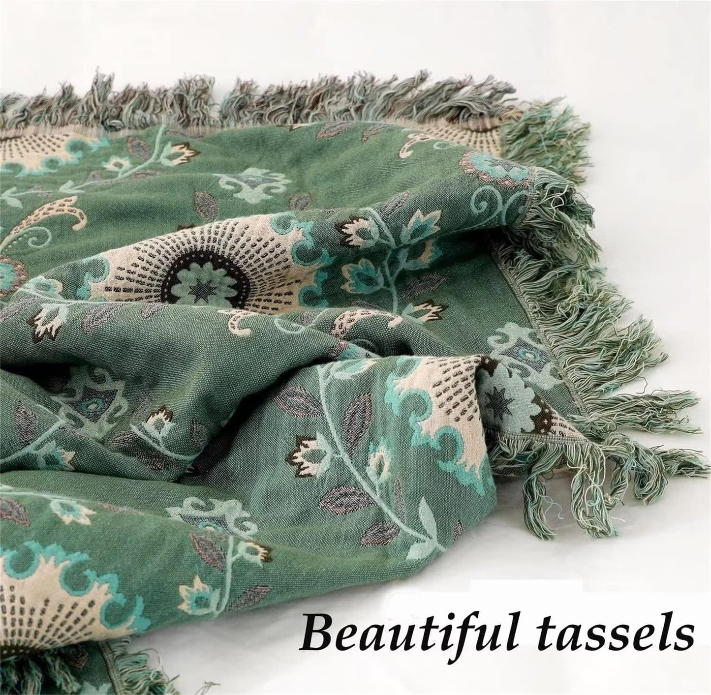 MSGKV Boho Throw Blanket for Couch Bed 100% Cotton Blankets Woven Green Blanket,Versatile Double Sided, Super Soft Warm Blanket 60''x 80''