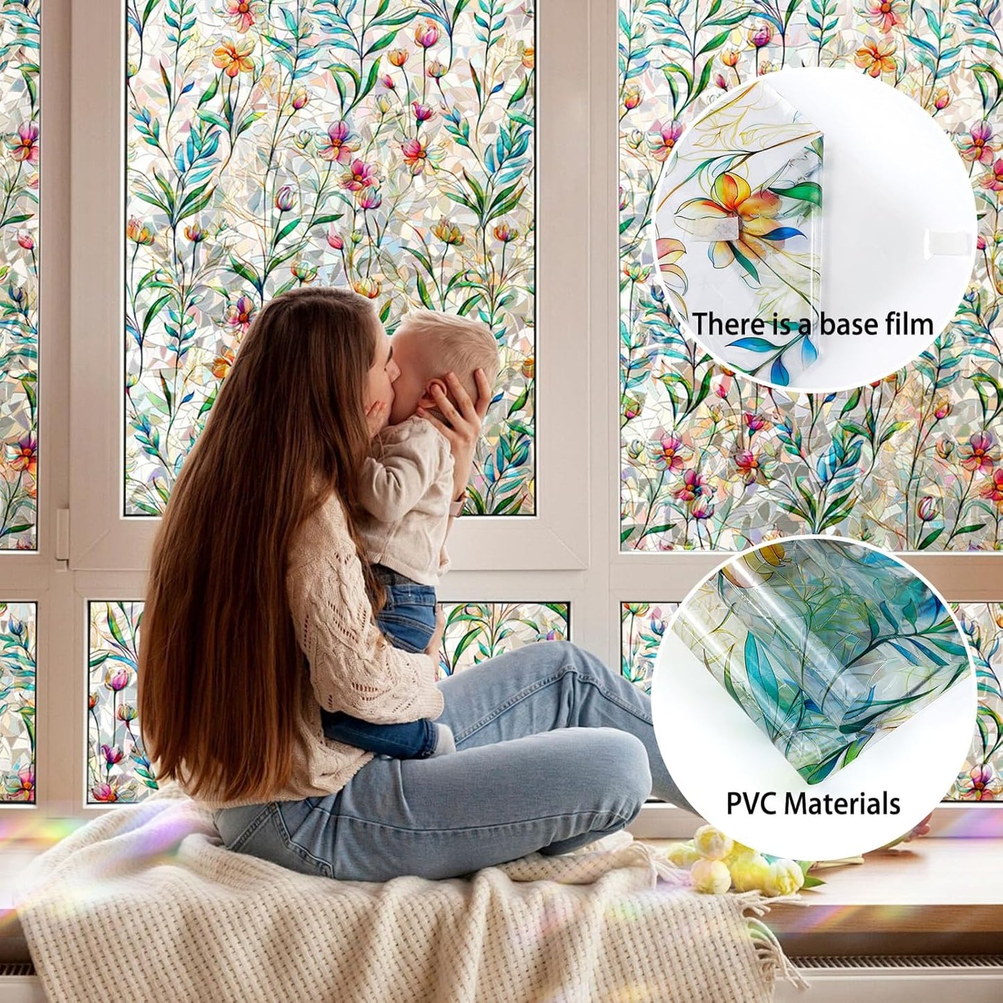 Rainbow Window Privacy Film 3D Floral Decorative Stained Glass Window Film Anti UV Non-Adhesive Reusable 17.5" x 78.7" for Home Room Car Glass Cling