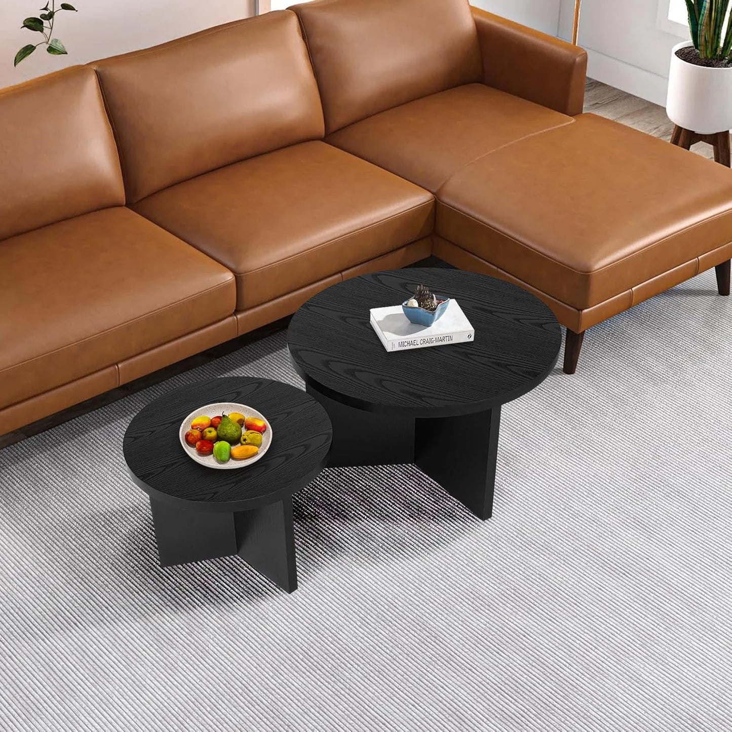 Round Nesting Coffee Tables Set of 2, Modern Stacking Table with Wood Grain Finish, End Table Side Tables for Living Room (Black)