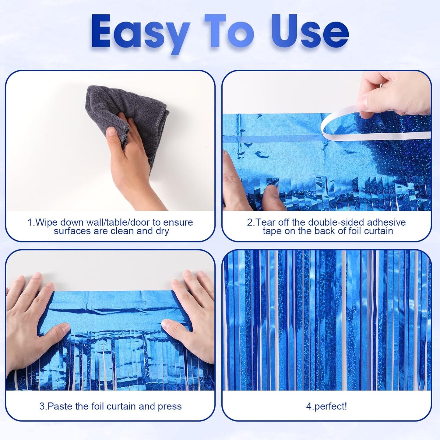 3 Pack 3.3 x 8.2 ft Laser Blue Foil Fringe Backdrop Curtains, Tinsel Streamers Birthday Party Decorations, Fringe Backdrop for Graduation, Baby Shower, Gender Reveal, Disco Party