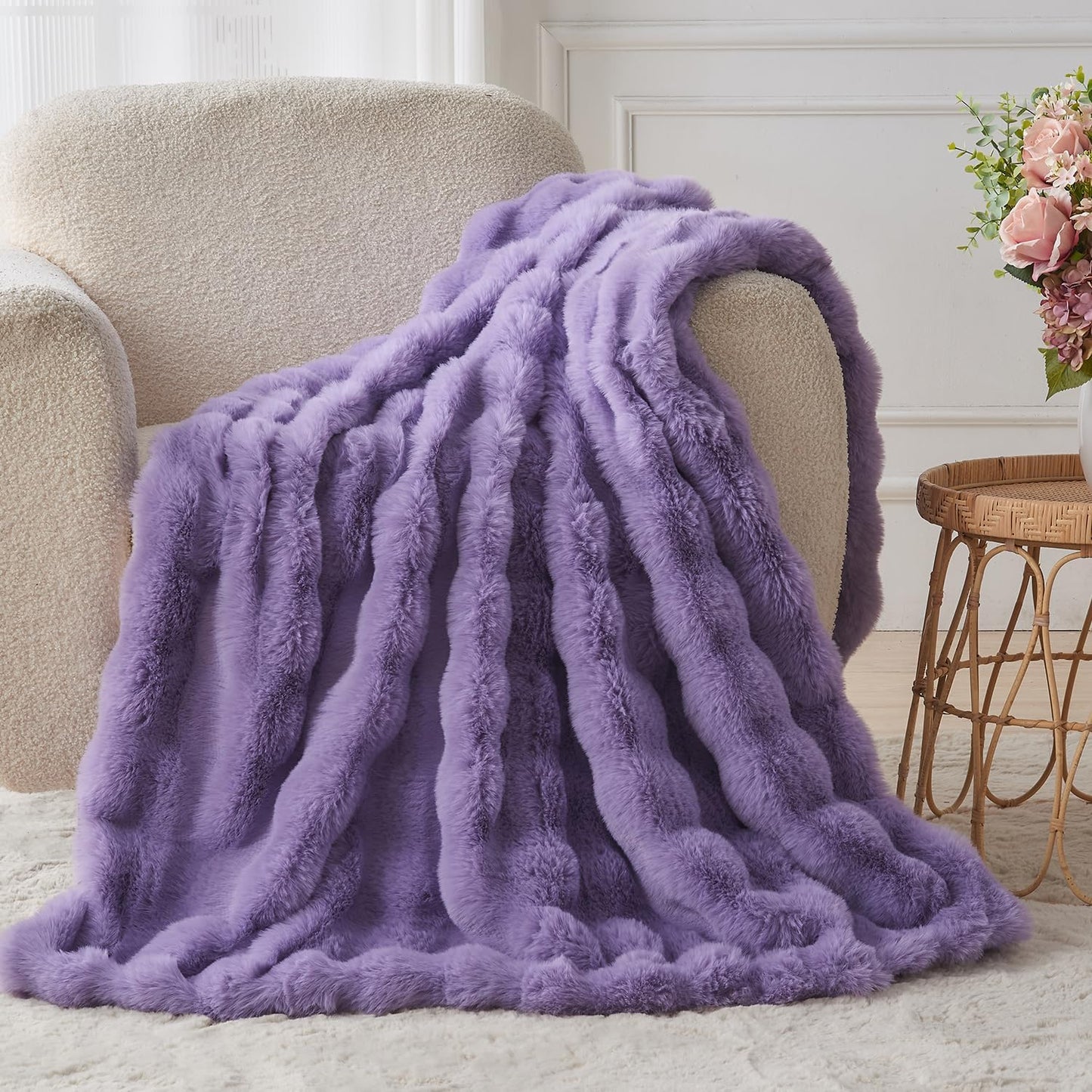 Lotus Karen Faux Fur Throw Blanket Purple - Big Bubble Rabbit Fluff Blanket for Couch Bed Sofa,Softest Fluffy Fuzzy Cozy Blanket,Thick Furry Plush Shaggy Warm Blankets for Women,50x60 Inches