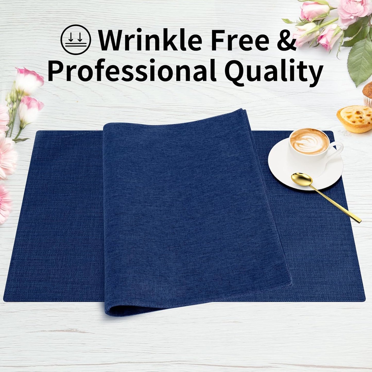 Cloth Placemats, Set of 6 Heat-Resistant Cotton Linen Blend Double Layered Machine Washable Place Mats, Wrinkle Free Thick Fabric Dining Table Mats for Indoors & Outdoors (Navy Blue, 6)