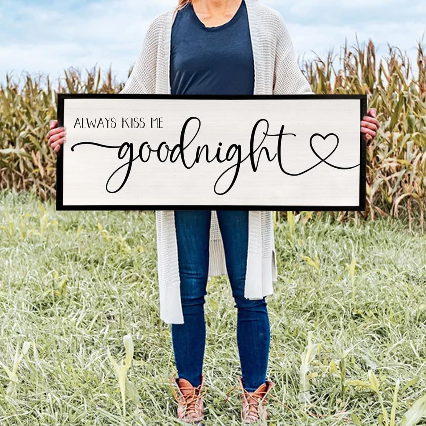flowtorely Always Kiss Me Goodnight Wall Sign For Master Bedroom Above Bed Wall Decor 40''×15'' Large Rustic Solid Wood Frame For Farmhouse Couples Above bed Wall Art Decoration (Black)