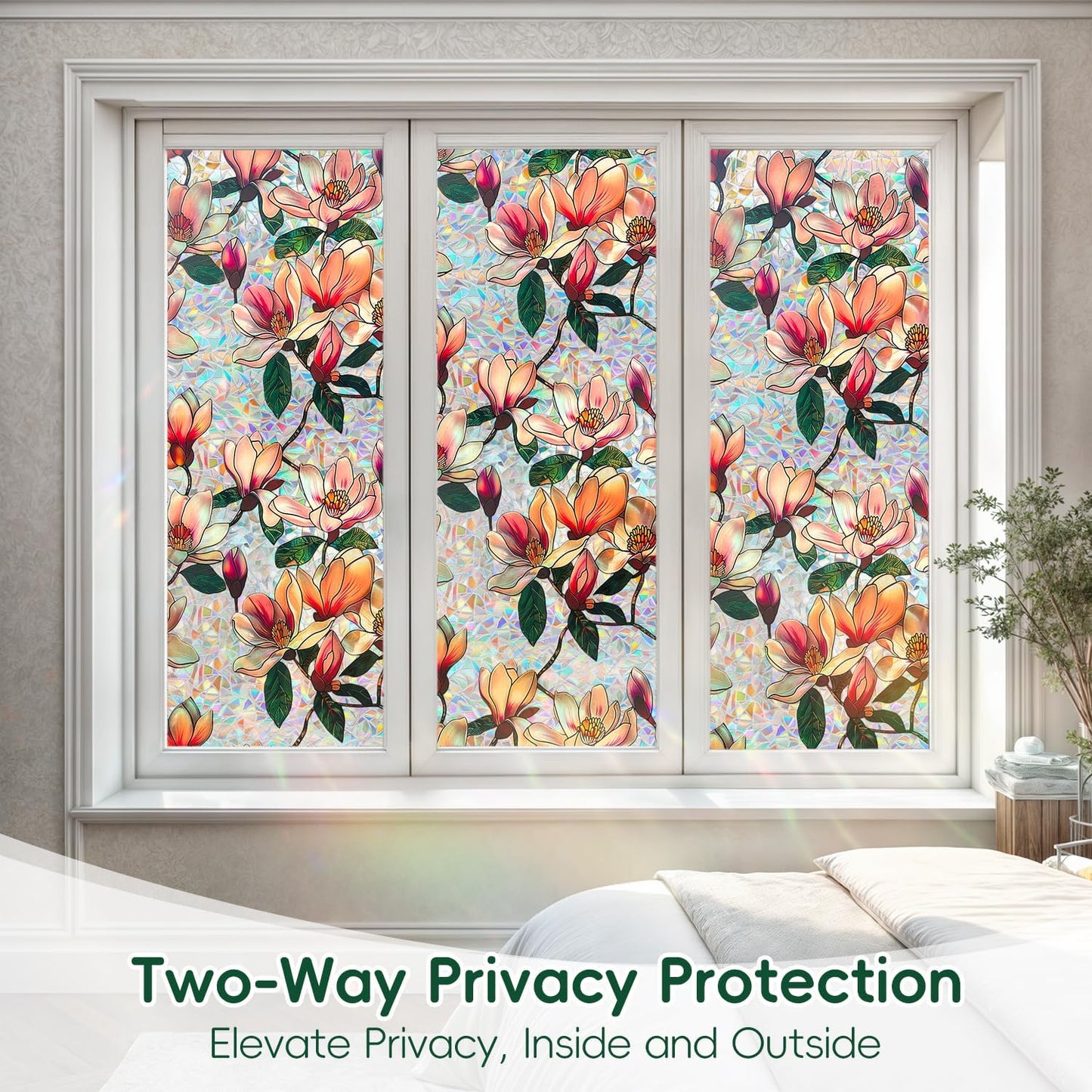 DUOFIRE Window Privacy Film Decorative Stained Glass Window Film Rainbow Magnolia Floral Static Cling Non-Adhesive Reusable Anti UV Colorful Window Decal for Home 16.92×39.37 inch