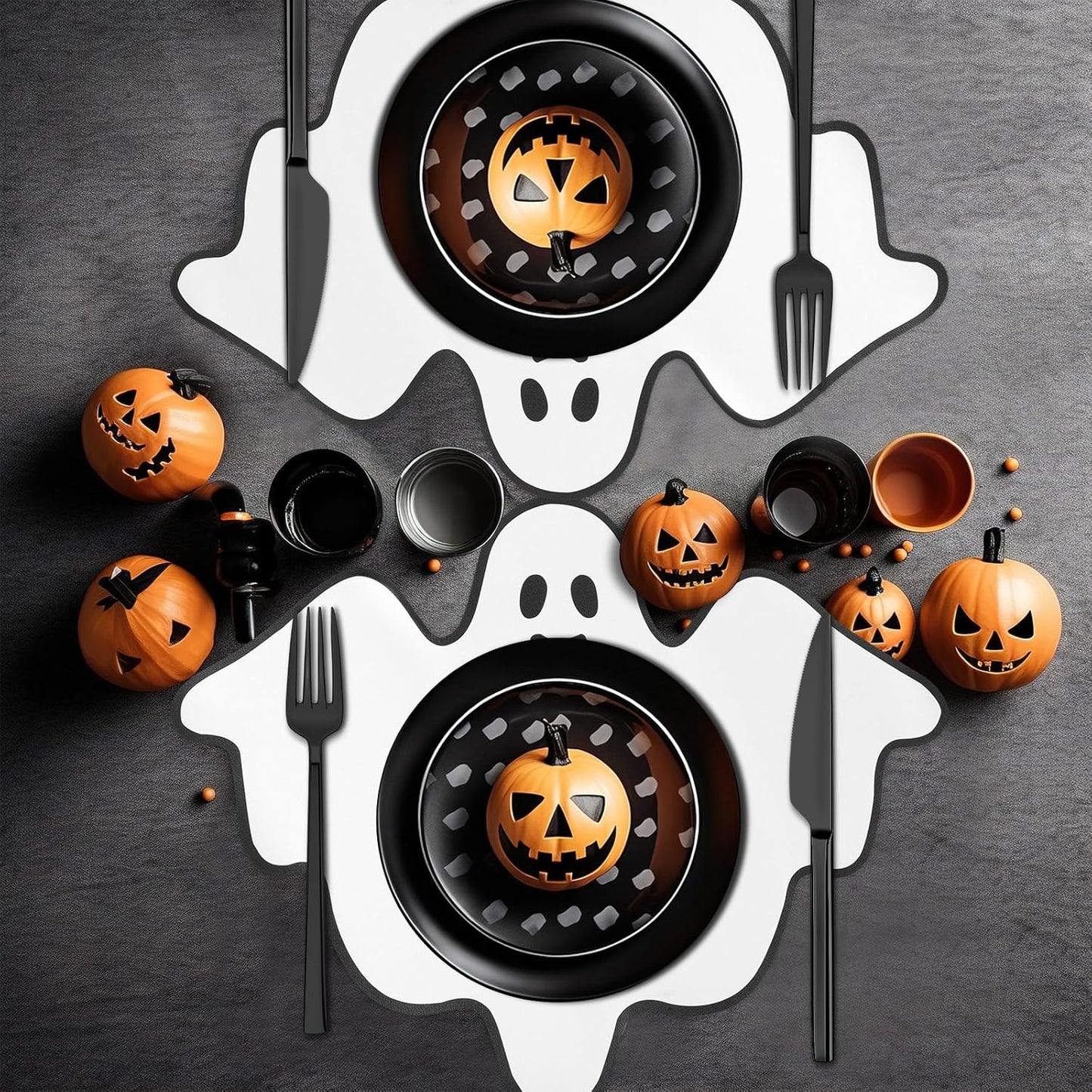 Remerry 6 Pcs Halloween Leather Table Placemats Washable Ghost Dinner Mats Easy to Clean Halloween Spooky Leather Placemats Ghost Table Mats for Holiday Kitchen Dining Party Decoration