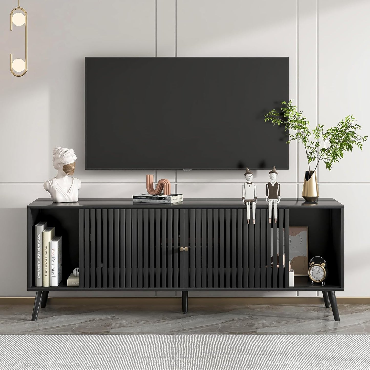 Mid Century Modern TV Stand for Televisions up to 70 Inches, with Sliding Doors and Storage, Television Stands, TV Consoles, Media Consoles for Living Room, 63 Inch (Black)