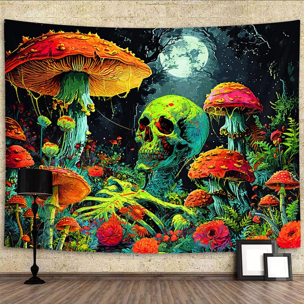 Xiaoput Blacklight Skull Wall Art, Black Light Skeleton Tapestry for Bedroom, UV Reactive Neon Gothic Tapestry for Men, Glow in Dark Trippy Forest Wall Hanging for Home Decor 60x40IN