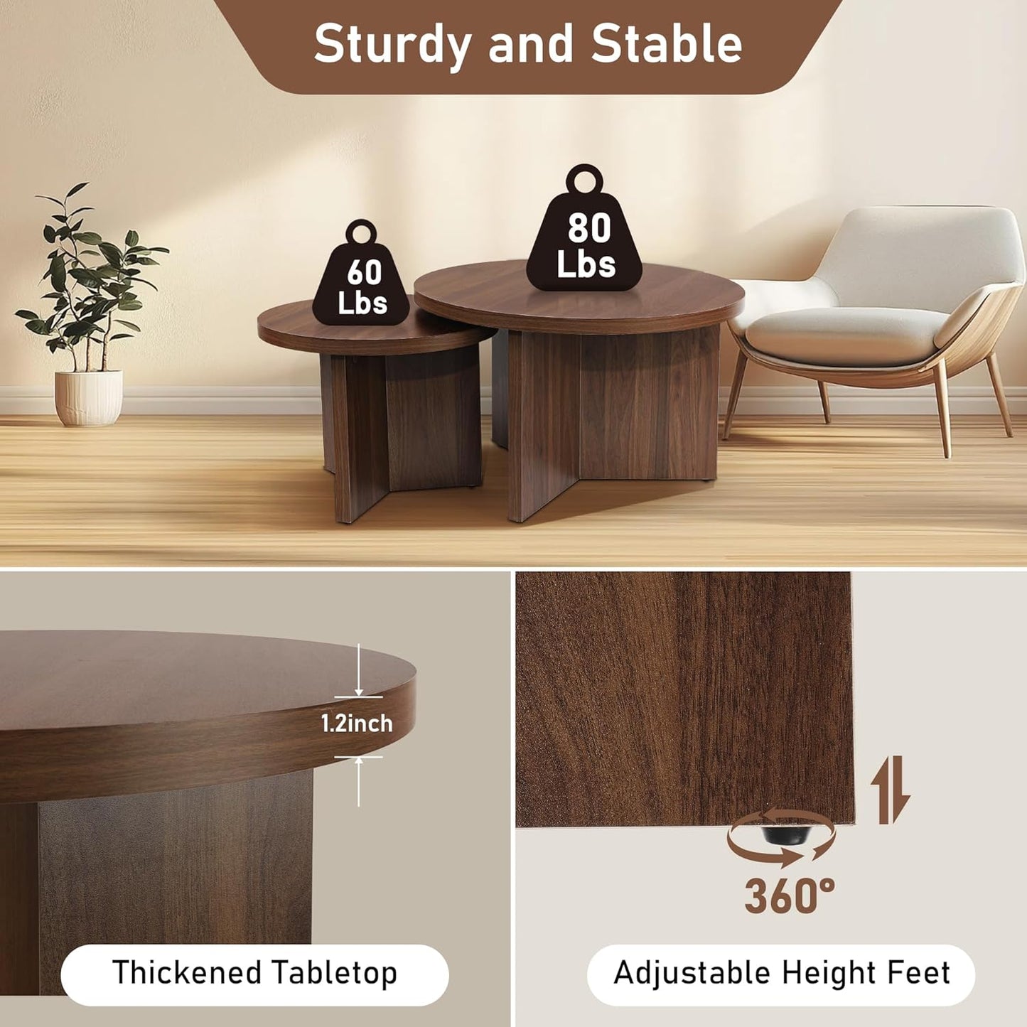 Round Nesting Coffee Tables Set of 2, Modern Stacking Table with Wood Grain Finish, End Table Side Tables for Living Room (Walnut)