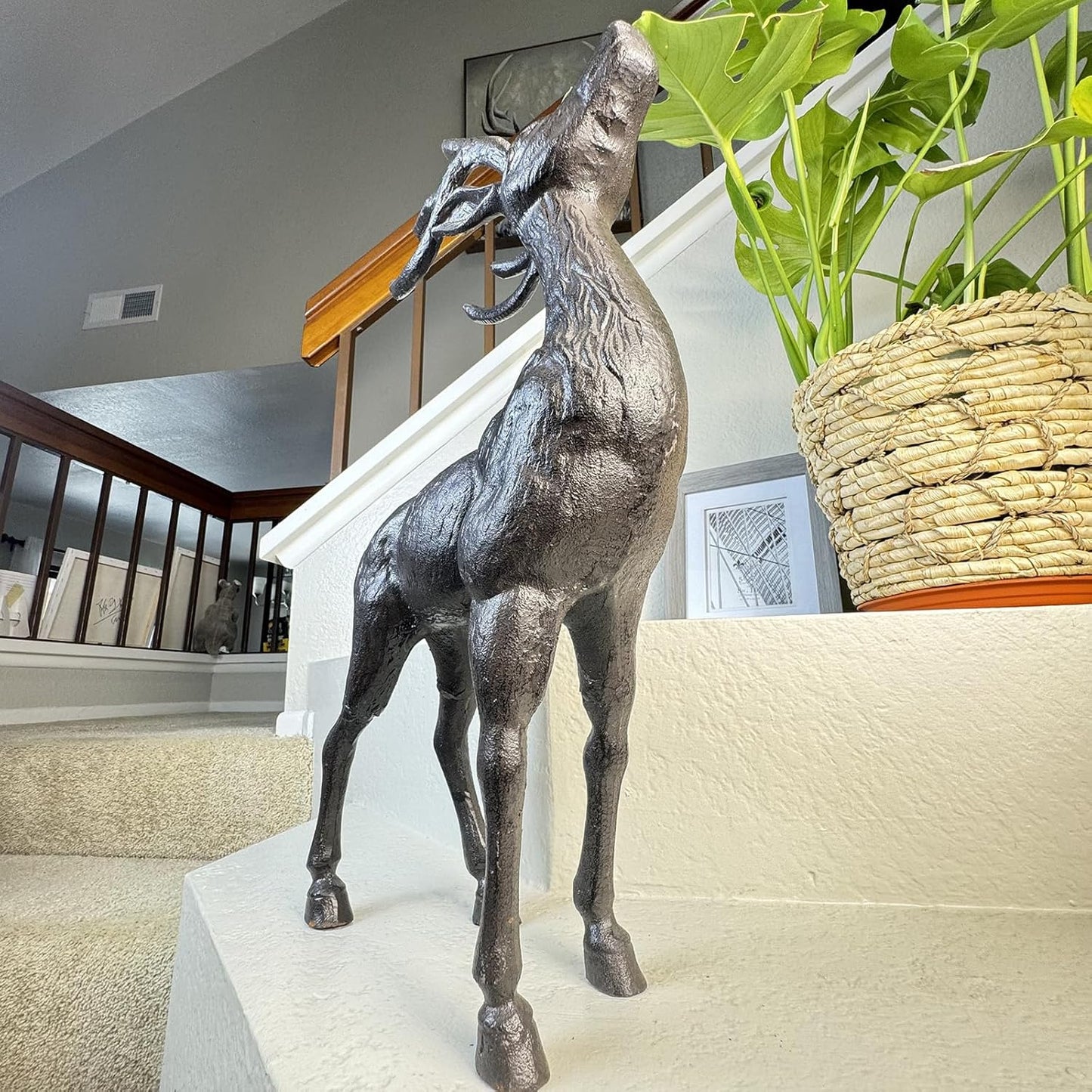 Cast Iron Deer Statue（22" Tall）, Realistic Large Antler Sculpture, Outdoor Garden Decor for Lawn Patio Yard, Indoor Home Art Figure HC5691