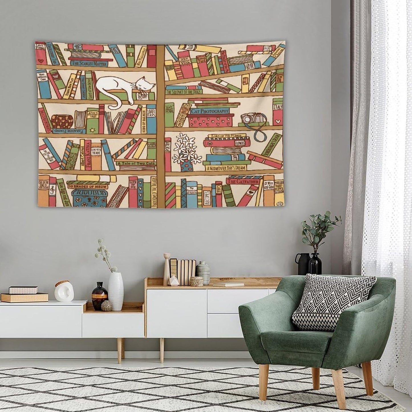 Kurtect Bookshelf Tapestry,Cute Cartoon Cat Sleeping Library Theme Pattern Print Tapestries for Party Beach Picnic Blankets Tablecloths Living Room Wall Deocr, 40x60 in