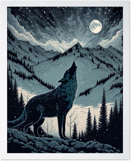 Poster Master Vintage Illustration Poster - Retro Animal Print - Gift for Artist, Friend - Wolf Howling at the Moon, Mountain, Snow, Landscape - Wall Decor for Home, Office, 11x14 White Framed