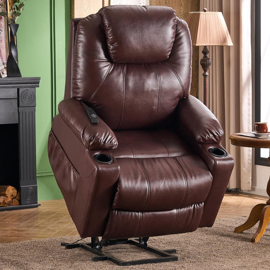 SALOHZA Power Lift Recliner Chair for Elderly with Massage and Heat for Living Room, Electric Recliner Chair for Adults with USB/Type C Port/Cup Holders, PU Faux Leather, Chocolate Brown