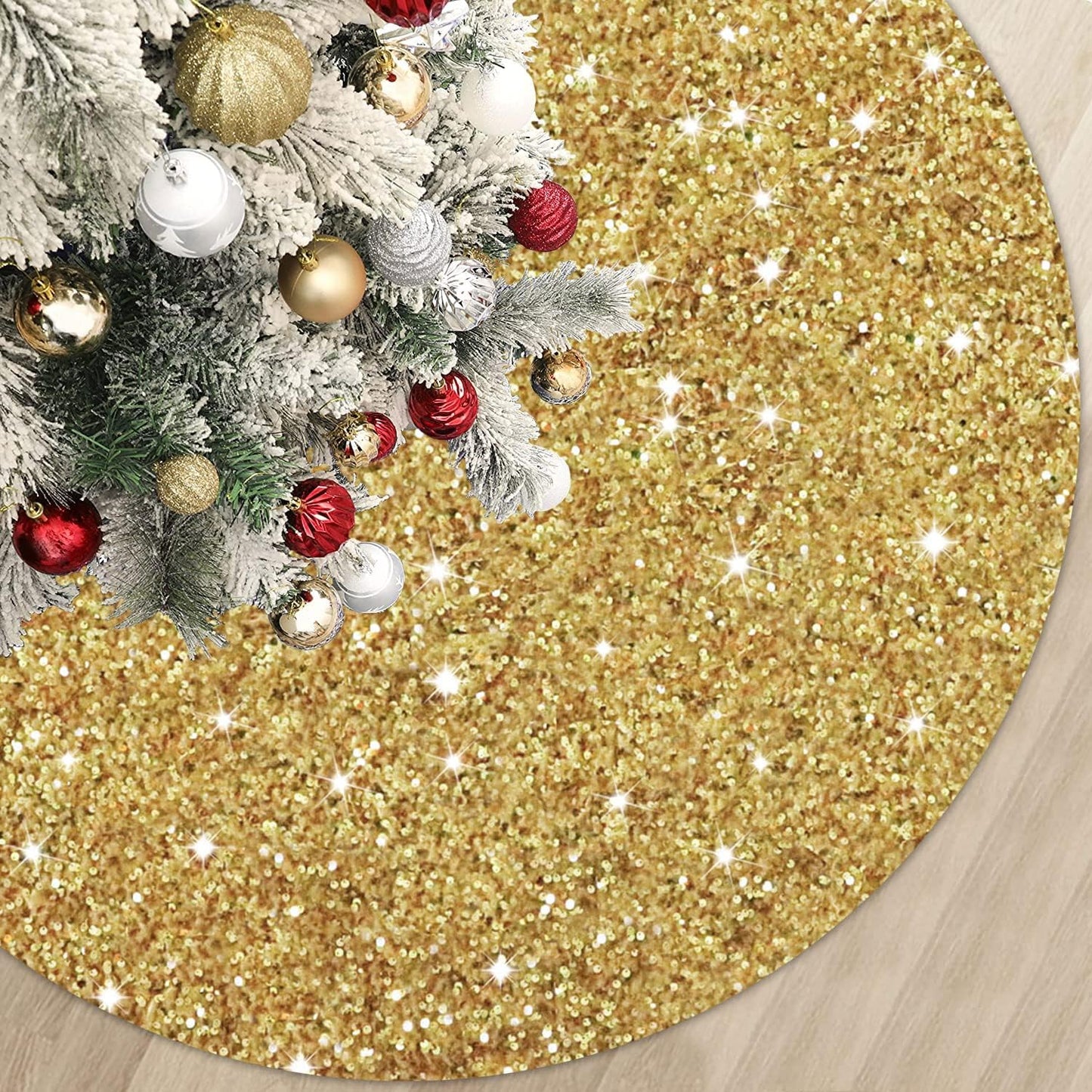 Gold Tree Skirt 46 Inch Shiny Sequin Christmas Tree Skirt Christmas Decorations for Feast Tree Velour Glittery Xmas Tree Skirts Round Metallic Christmas Tree Mat Skirt Vintage Sequins Tree Blanket.
