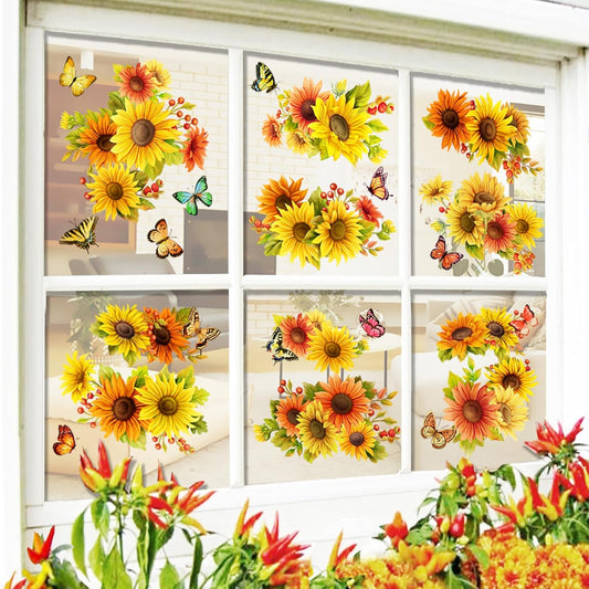 Sunflower Butterfly Window Clings Fall Window Decorations | Large-Size Clings for Glass Double-Sides Window Stickers for Glass Home Bedroom Nursery Room Windo Decals 44 Pcs in Total