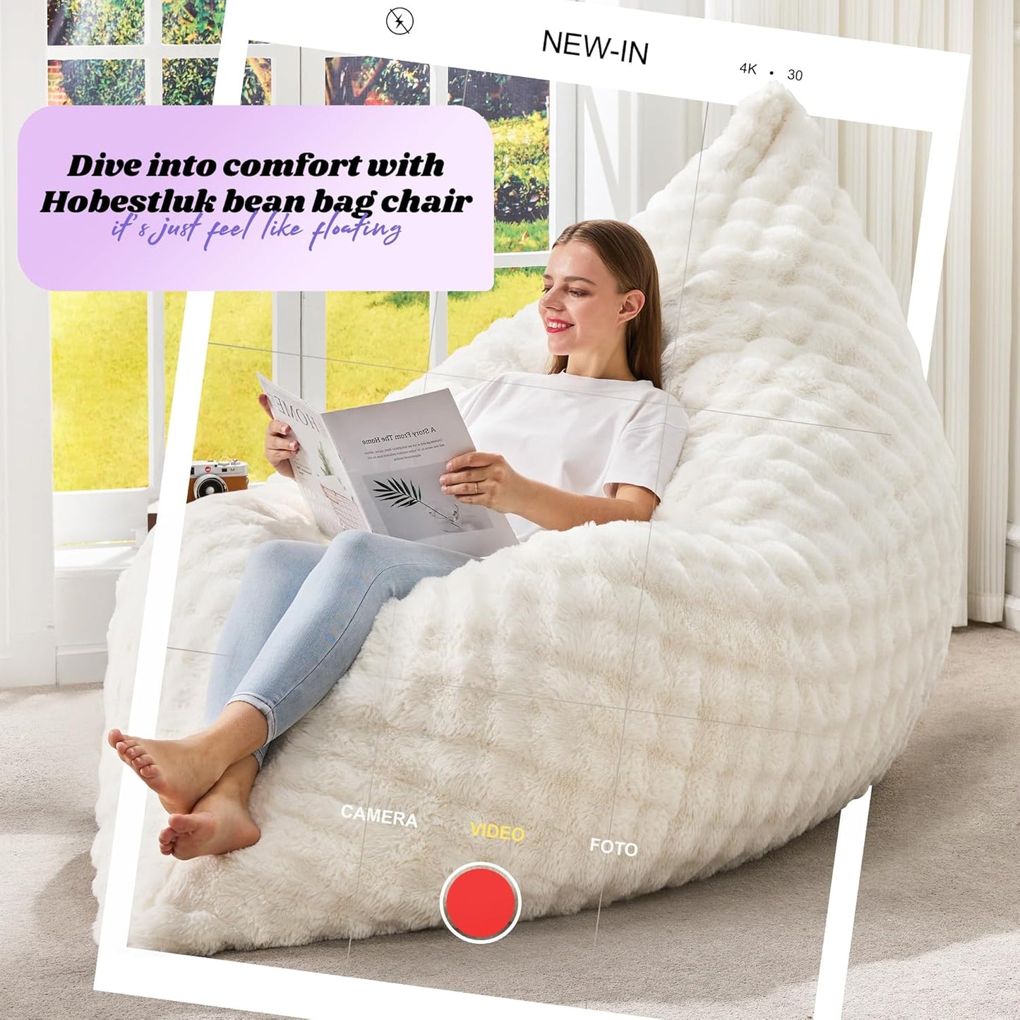 Hobestluk 3 in 1 Bean Bag Chair Giant Bean Bag Chairs for Adults with Bubble Cover Convertible Bean Bag Floor Cushion with Machine Washable Cover for Living Room (Bubble White)