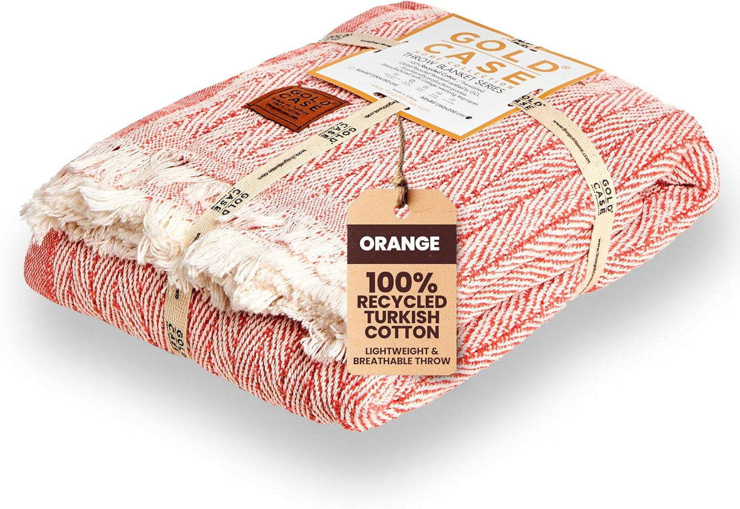 Gold Case Throw Blanket for Couch – 100% Recycled Turkish Cotton Blankets & Throws – Elegant Decorative Throw Blankets for Living Room Sofa – Woven Throws for Couch – Vintage Orange – 50x60