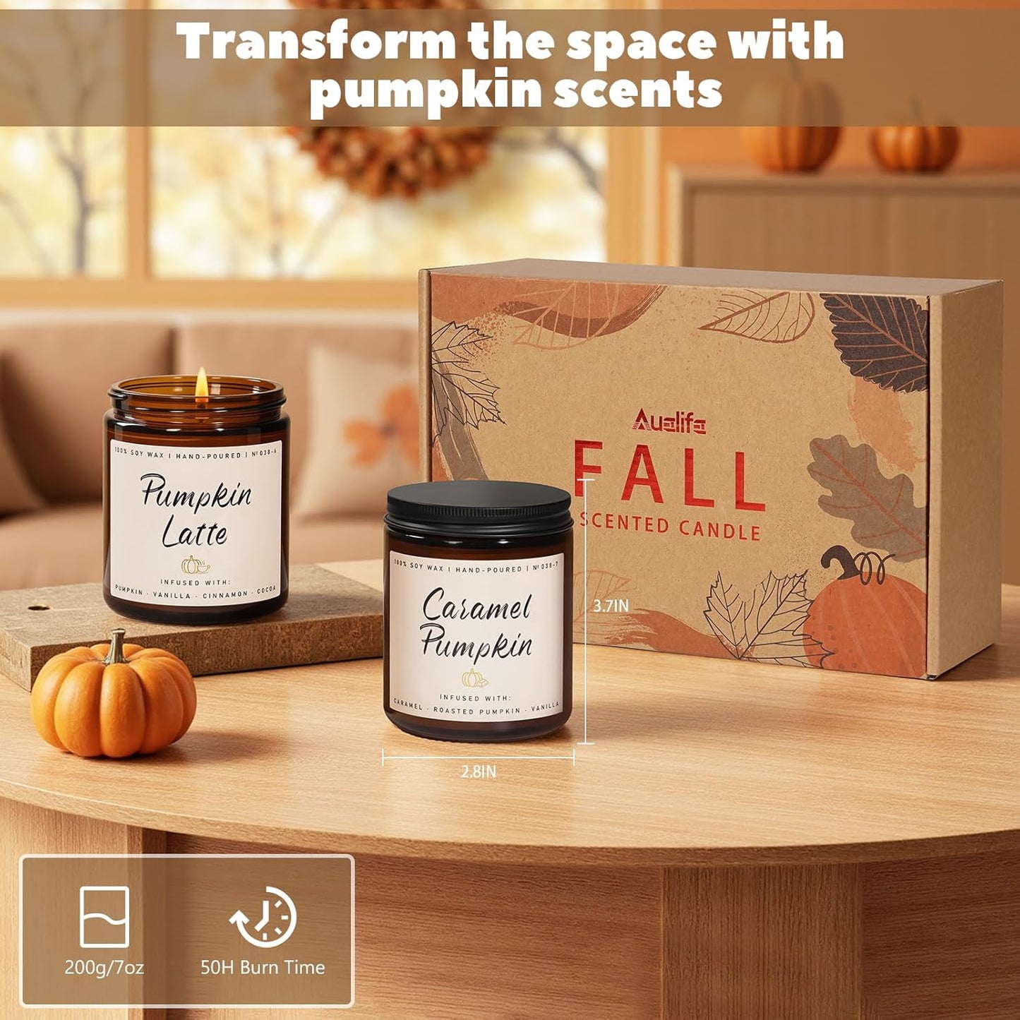 Auelife Fall Candle, Caramel Pumpkin Scented Candle – Fall Soy Candles for Home, Cozy Autumn Aromatherapy Candles, Sweet Pumpkin & Caramel Fragrance | Gift for Women, Home Décor