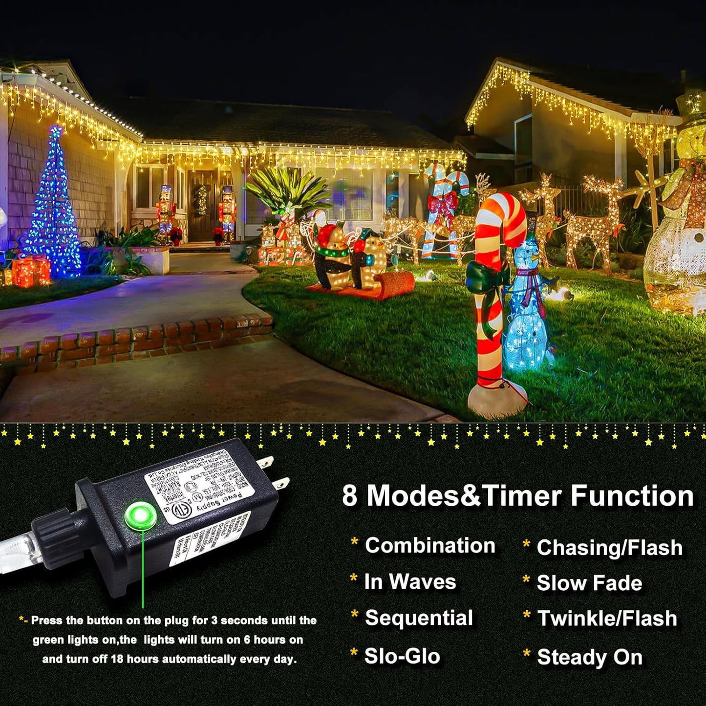 Icicle Lights for Outside 99ft 1216 LED Christmas Lights Outdoor 8 Modes with 228 Drops, Waterproof Plug in Fairy String Lights for Party, Holiday, Wedding, Christmas Decoration, Warm White