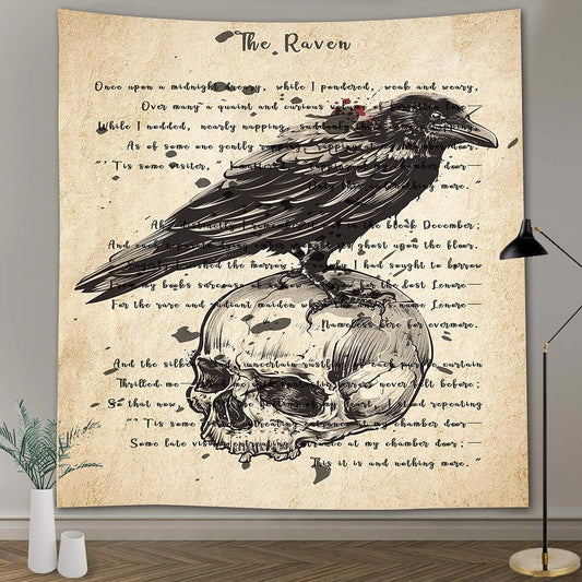 The Raven Tapestry Gothic Skull and Raven Dictionary Tapestry, Large 90x100 Inches Soft Flannelette, Ancient Raven Hymn Poster for Home Dorm GTQQAY1547