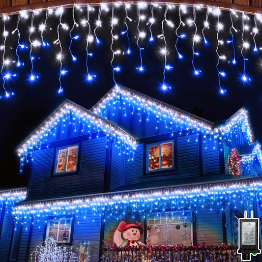504LED 50ft Christmas Lights, 112Drops 12 Modes Christmas String Lights Outdoor Dimmable, Waterproof Christmas Decorations Fairy Lights with Timer Memory for Party Patio Window Fence Blue & CoolWhite