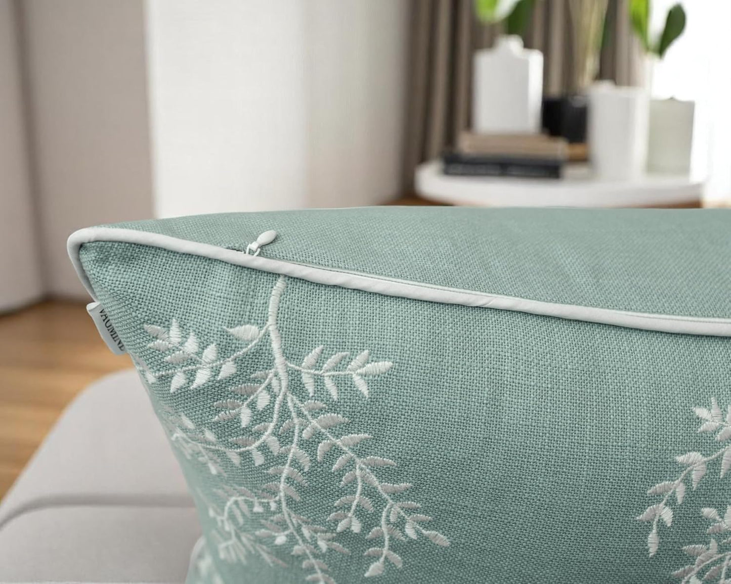 VAGMINE Embroidered Leaves Throw Pillow Cover - 18x18 Inches Square - 100% Cotton Light Teal Decorative Cushion Cover - Elegant Embroidery Pattern - Coastal Home Accent for Sofa, Bed, Living Room